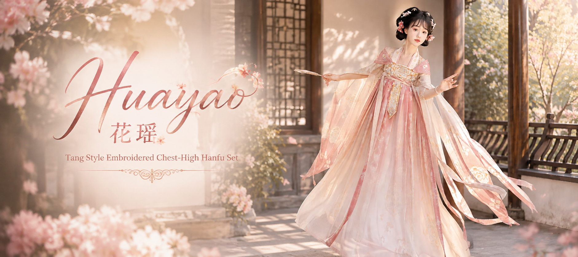 Huayao Tang-style embroidered chest-high Hanfu set in a sunlit garden pavilion