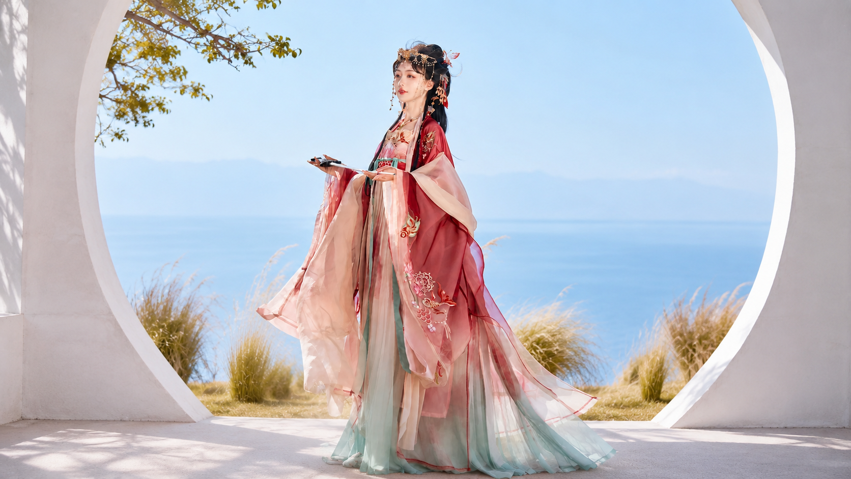 Woman wearing an ornate red and aqua Hanfu framed by a white arch overlooking the sea